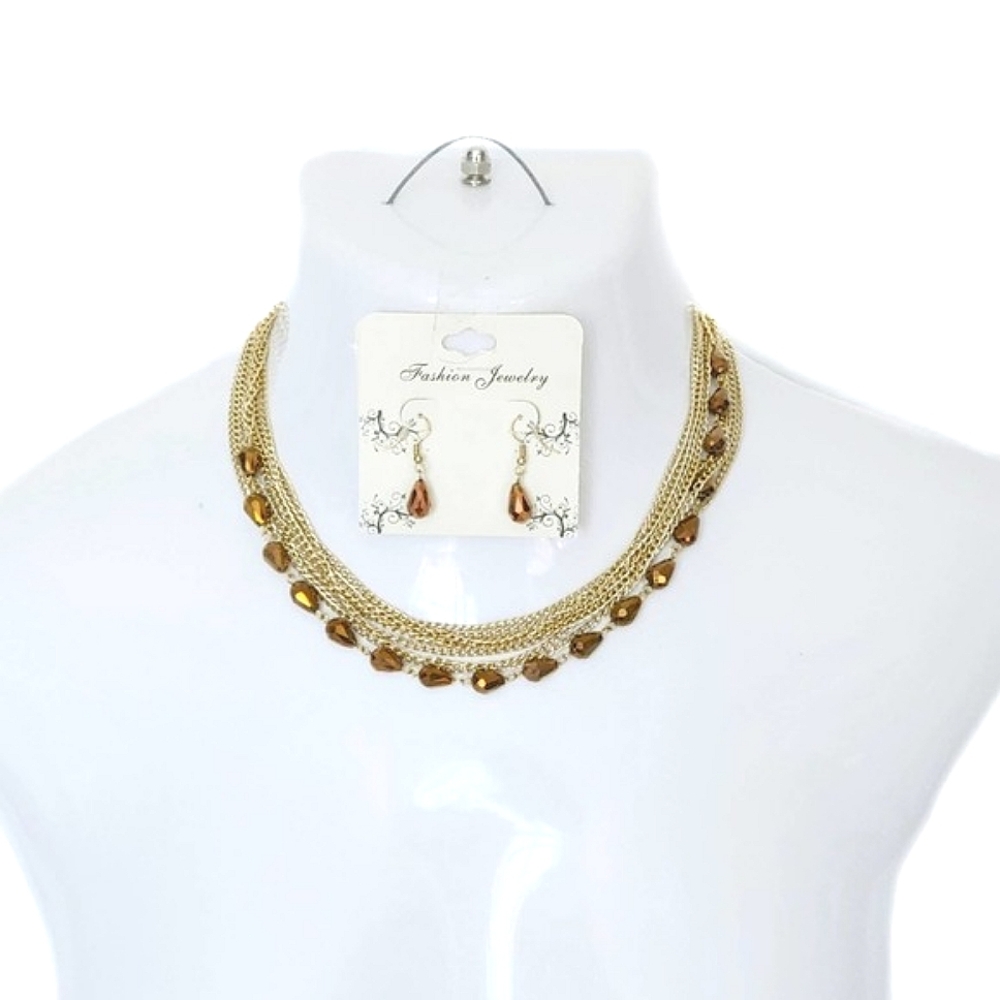 Multi Strand Fashion Gold Bronze Necklace + Earrings Set